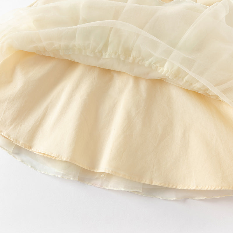 فستان بنات طويل الأكمام من التول باللون الأصفر مع تنورة متعددة الطبقات بأسلوب لطيف