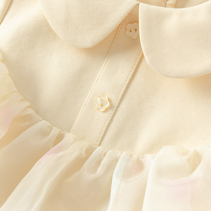 فستان بنات طويل الأكمام من التول باللون الأصفر مع تنورة متعددة الطبقات بأسلوب لطيف