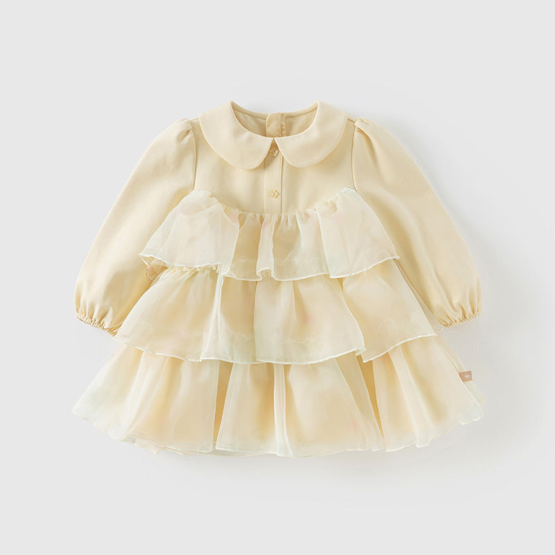 فستان بنات طويل الأكمام من التول باللون الأصفر مع تنورة متعددة الطبقات بأسلوب لطيف