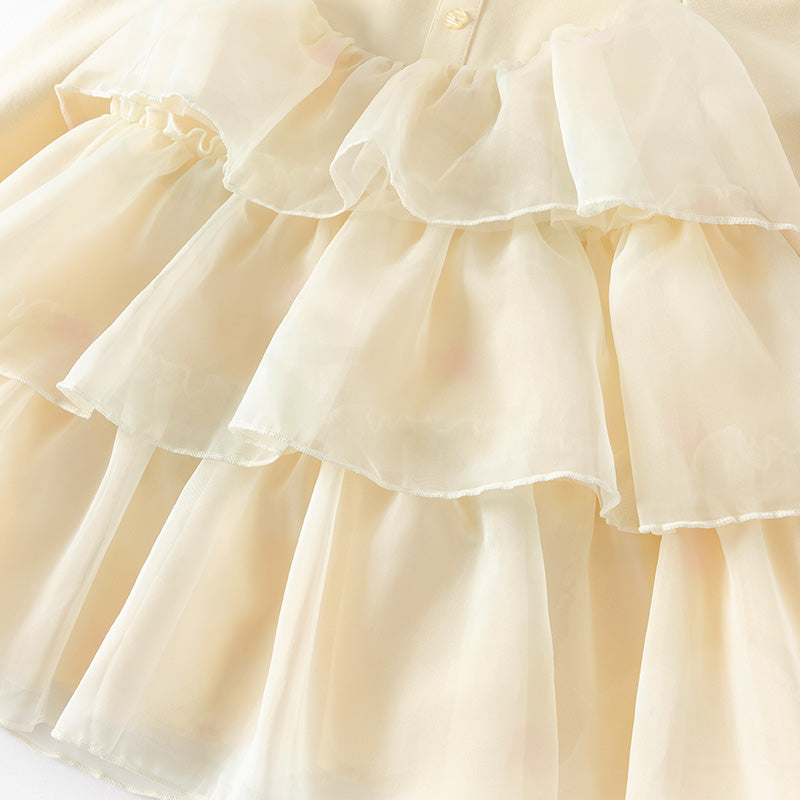 فستان بنات طويل الأكمام من التول باللون الأصفر مع تنورة متعددة الطبقات بأسلوب لطيف