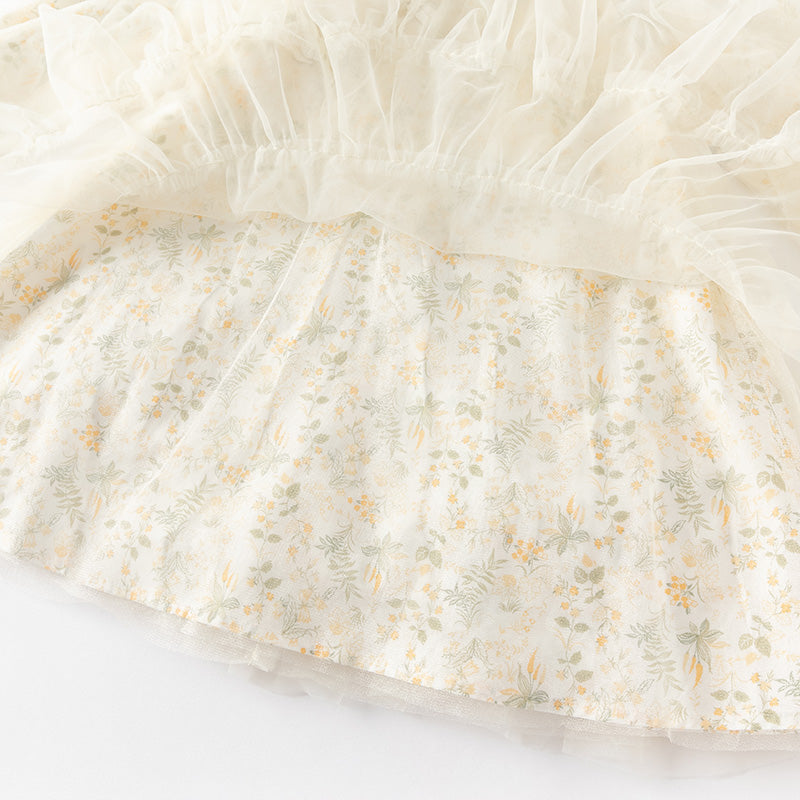 فستان بنات طويل الأكمام من التول باللون الأصفر بأسلوب صيني عصري