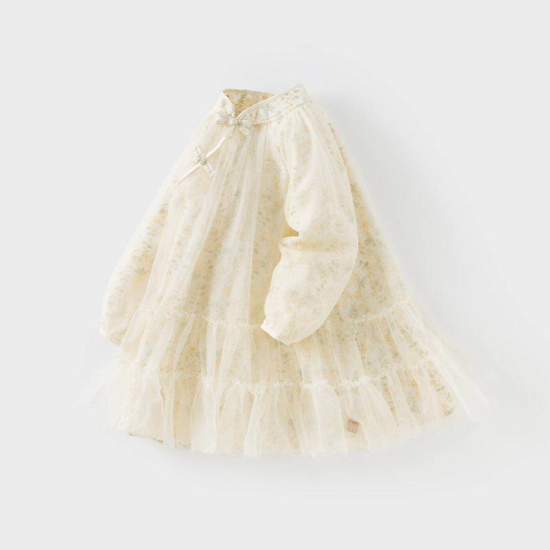 فستان بنات طويل الأكمام من التول باللون الأصفر بأسلوب صيني عصري