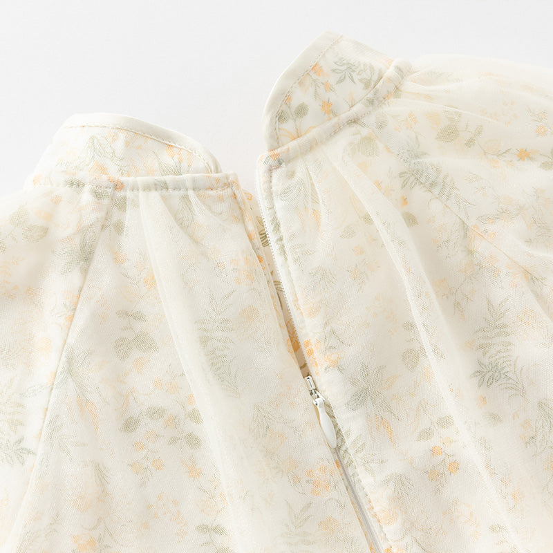 فستان بنات طويل الأكمام من التول باللون الأصفر بأسلوب صيني عصري