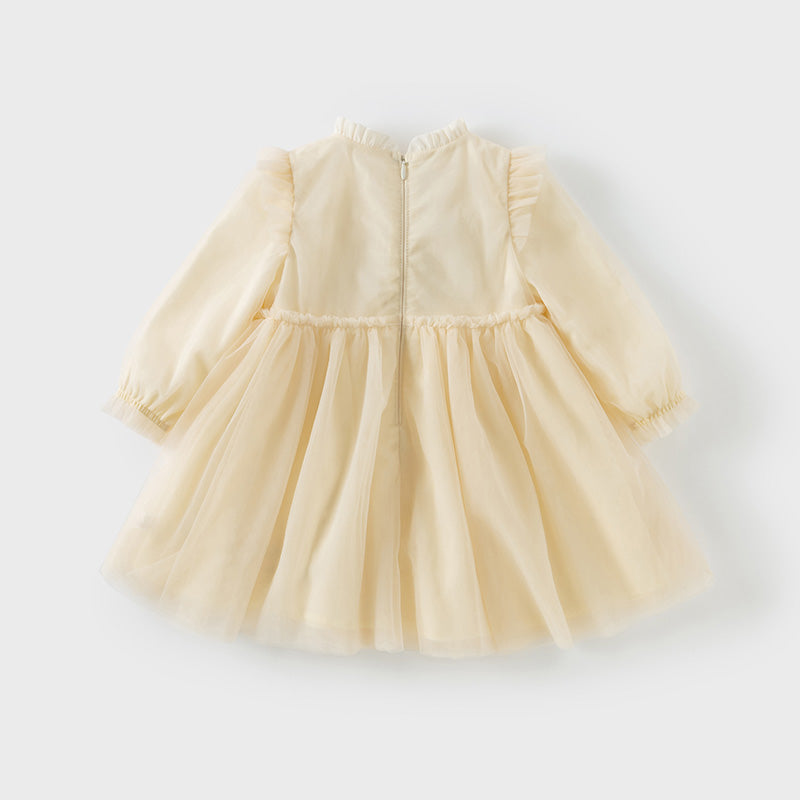 فستان بنات بأكمام طويلة من التول أصفر فاتح/وردي فاتح مزين بتطريز زهور ثلاثية الأبعاد تصميم أميري