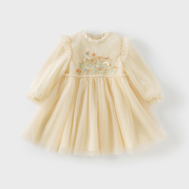 فستان بنات بأكمام طويلة من التول أصفر فاتح/وردي فاتح مزين بتطريز زهور ثلاثية الأبعاد تصميم أميري