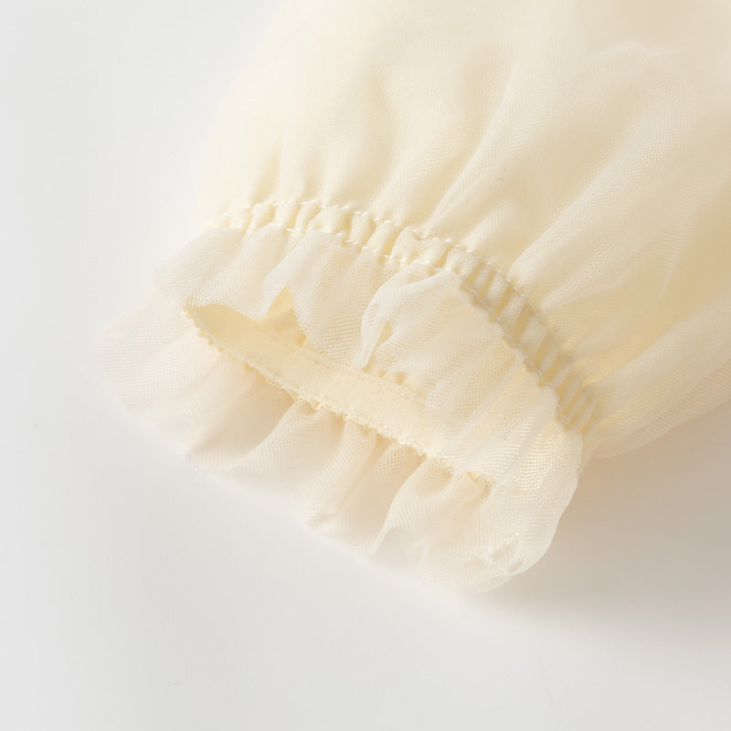 فستان بنات بأكمام طويلة من التول أصفر فاتح/وردي فاتح مزين بتطريز زهور ثلاثية الأبعاد تصميم أميري