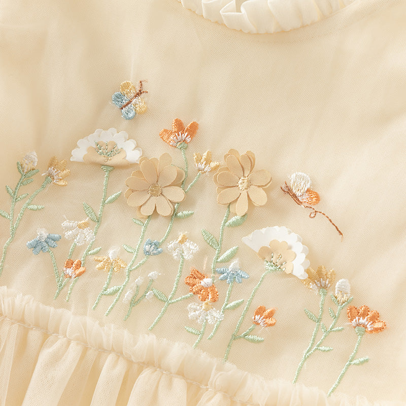 فستان بنات بأكمام طويلة من التول أصفر فاتح/وردي فاتح مزين بتطريز زهور ثلاثية الأبعاد تصميم أميري