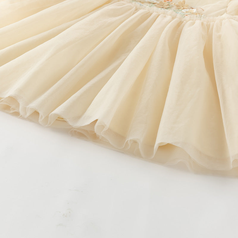 فستان بنات بأكمام طويلة من التول أصفر فاتح/وردي فاتح مزين بتطريز زهور ثلاثية الأبعاد تصميم أميري