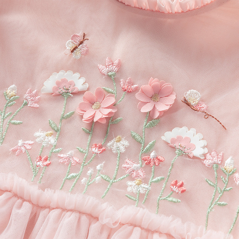 فستان بنات بأكمام طويلة من التول أصفر فاتح/وردي فاتح مزين بتطريز زهور ثلاثية الأبعاد تصميم أميري