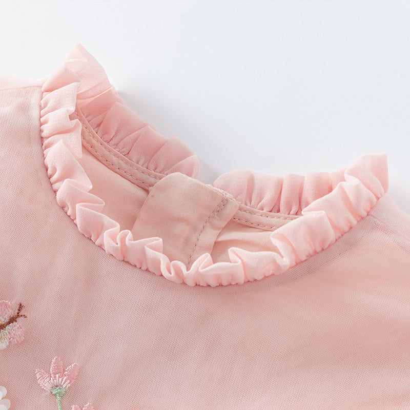 فستان بنات بأكمام طويلة من التول أصفر فاتح/وردي فاتح مزين بتطريز زهور ثلاثية الأبعاد تصميم أميري