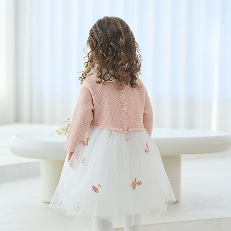 فستان للأطفال بأكمام طويلة من التريكو الوردي البرتقالي مع تنورة من التول