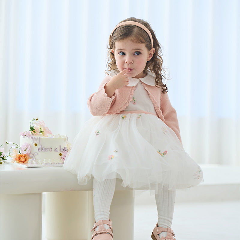 فستان للأطفال بأكمام طويلة من التريكو الوردي البرتقالي مع تنورة من التول