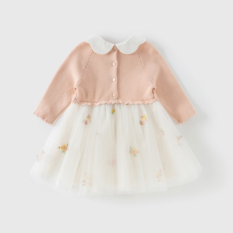 فستان للأطفال بأكمام طويلة من التريكو الوردي البرتقالي مع تنورة من التول