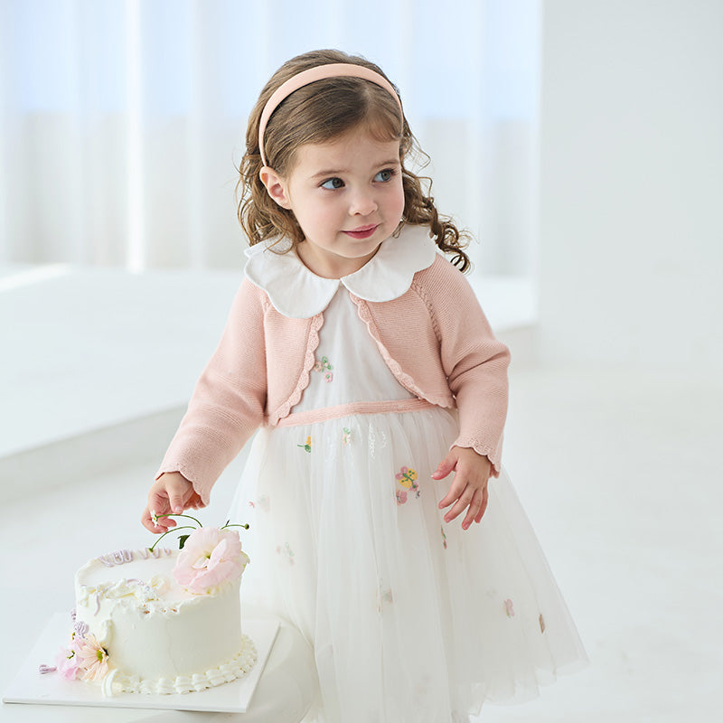 فستان للأطفال بأكمام طويلة من التريكو الوردي البرتقالي مع تنورة من التول