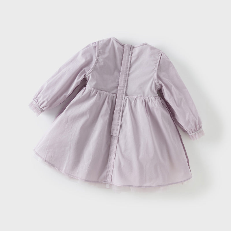 فستان أميرة للبنات الصغيرات بأكمام طويلة من التول البنفسجي مزين بتطريز زهور