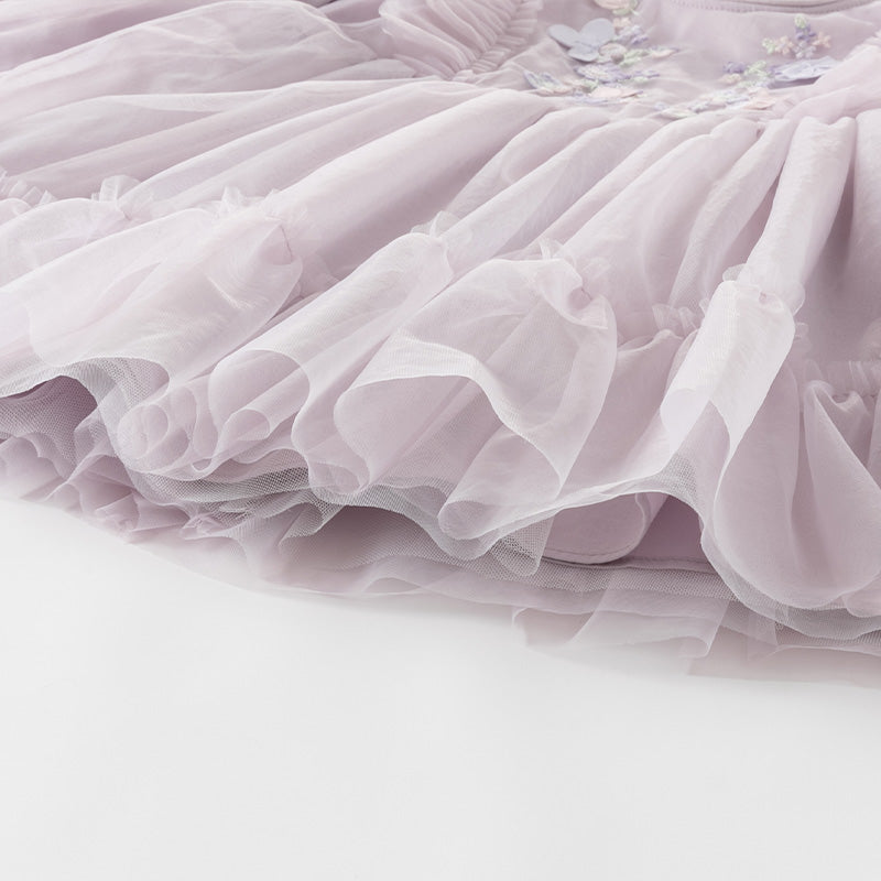 فستان أميرة للبنات الصغيرات بأكمام طويلة من التول البنفسجي مزين بتطريز زهور