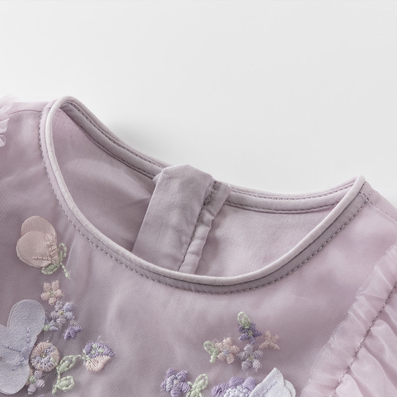 فستان أميرة للبنات الصغيرات بأكمام طويلة من التول البنفسجي مزين بتطريز زهور