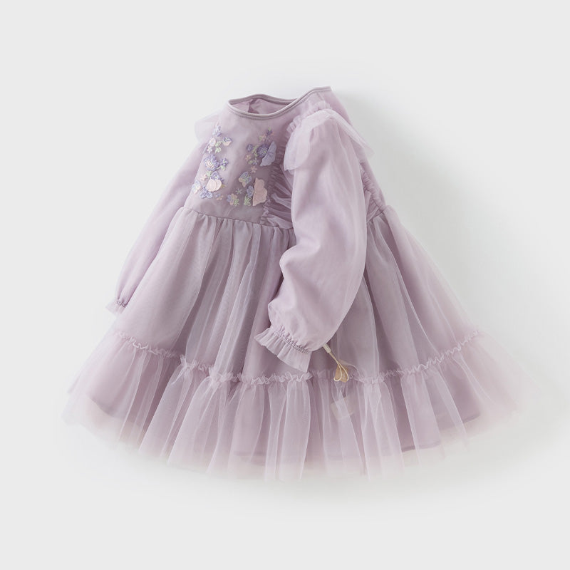 فستان أميرة للبنات الصغيرات بأكمام طويلة من التول البنفسجي مزين بتطريز زهور
