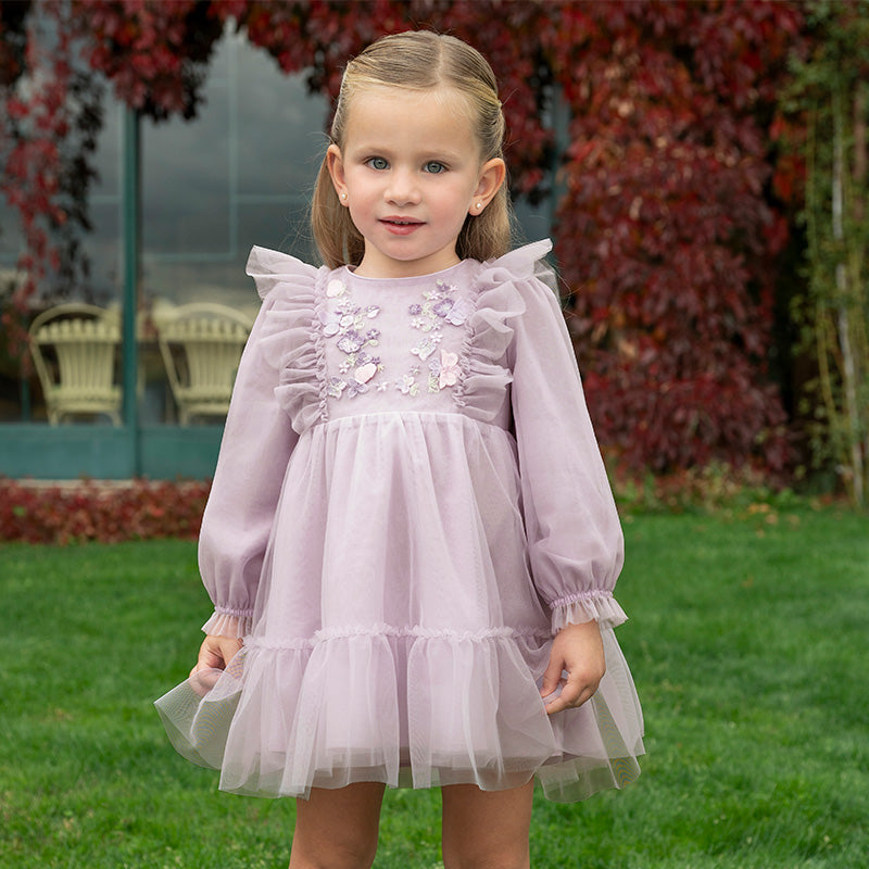 فستان أميرة للبنات الصغيرات بأكمام طويلة من التول البنفسجي مزين بتطريز زهور