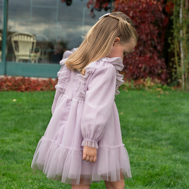 فستان أميرة للبنات الصغيرات بأكمام طويلة من التول البنفسجي مزين بتطريز زهور