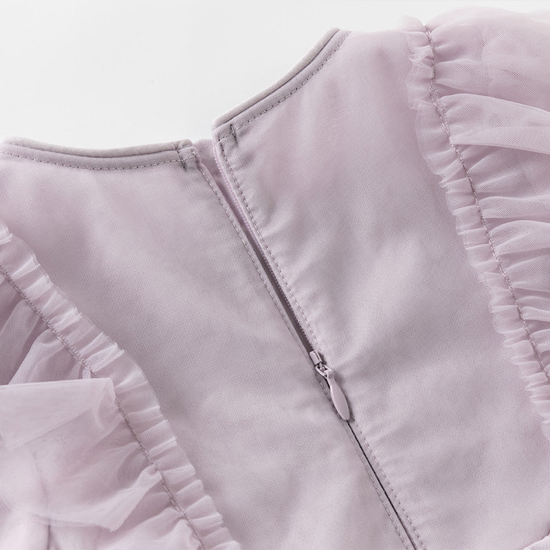 فستان أميرة للبنات الصغيرات بأكمام طويلة من التول البنفسجي مزين بتطريز زهور