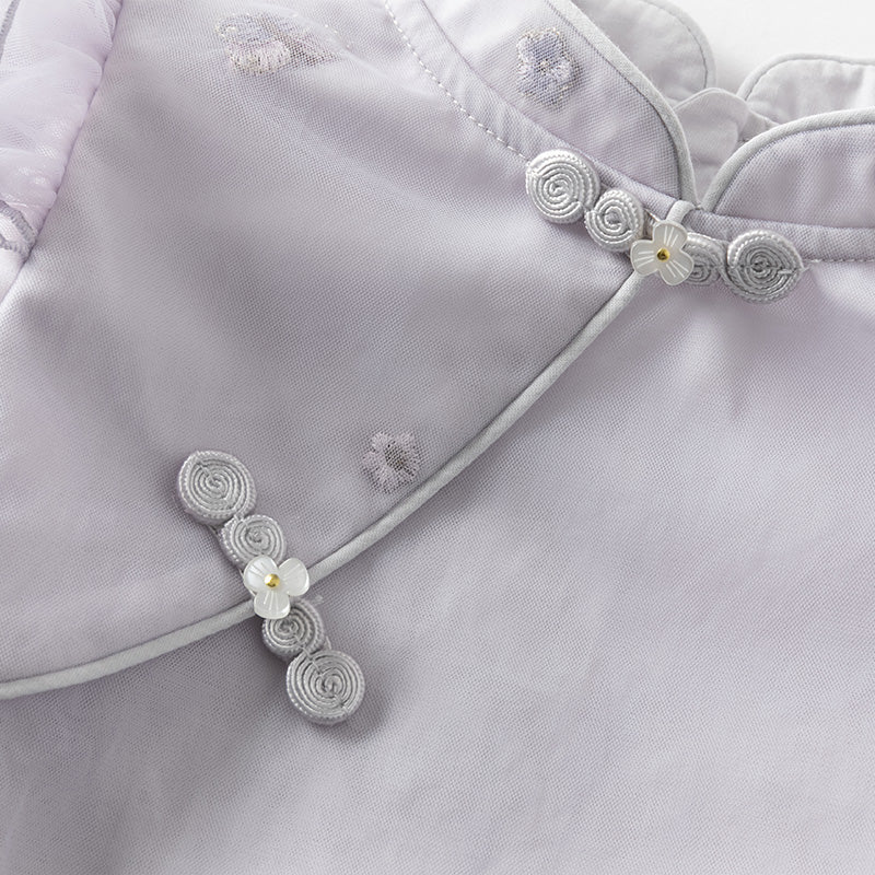 فستان بنات بأكمام طويلة من التول بنفسجي غباري تصميم صيني (يشمل حقيبة كروس)