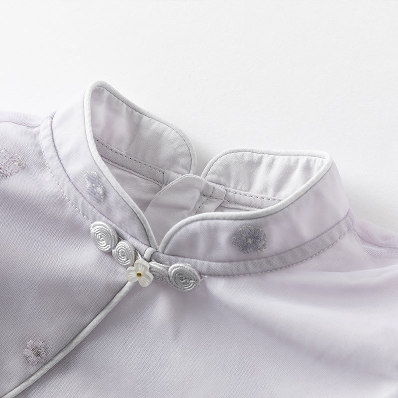 فستان بنات بأكمام طويلة من التول بنفسجي غباري تصميم صيني (يشمل حقيبة كروس)