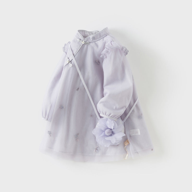 فستان بنات بأكمام طويلة من التول بنفسجي غباري تصميم صيني (يشمل حقيبة كروس)