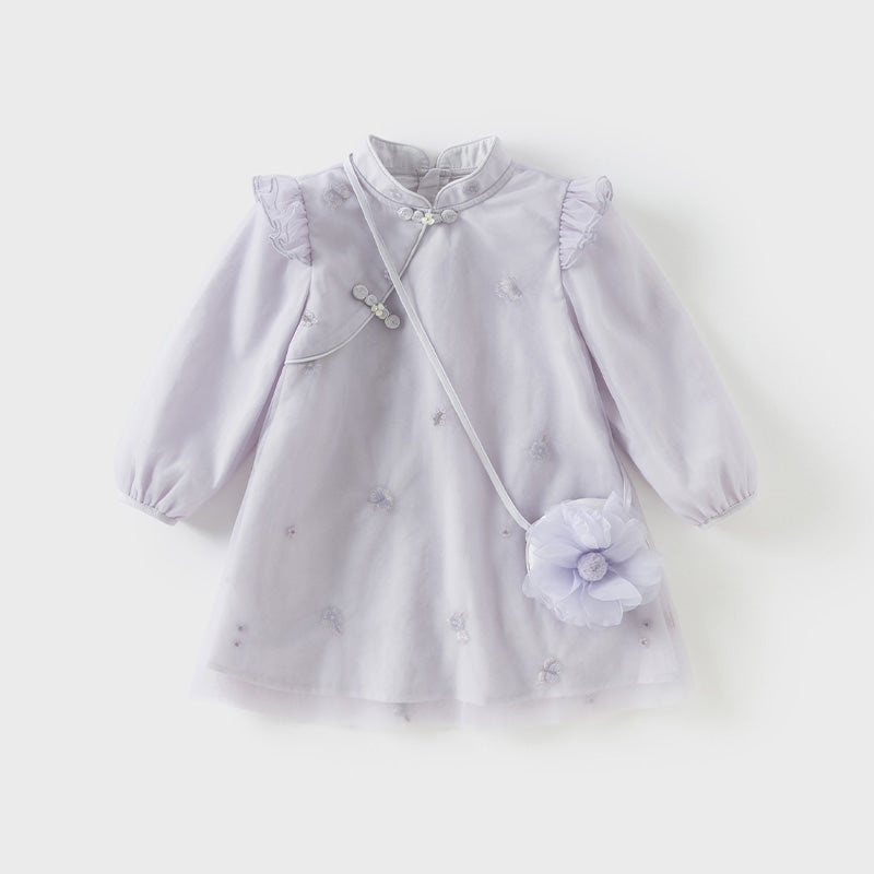 فستان بنات بأكمام طويلة من التول بنفسجي غباري تصميم صيني (يشمل حقيبة كروس)