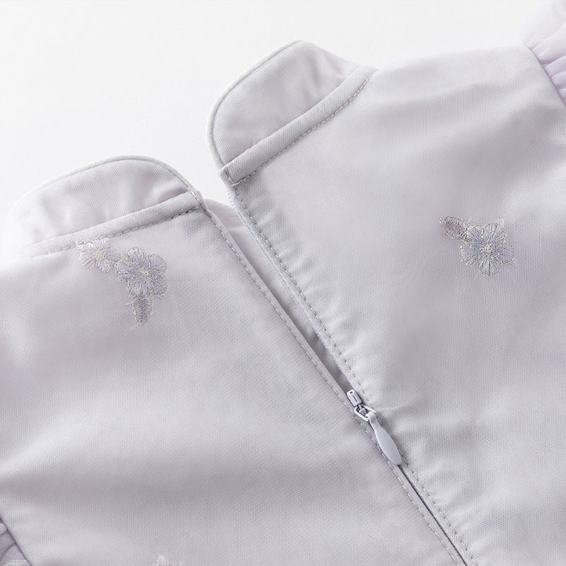 فستان بنات بأكمام طويلة من التول بنفسجي غباري تصميم صيني (يشمل حقيبة كروس)