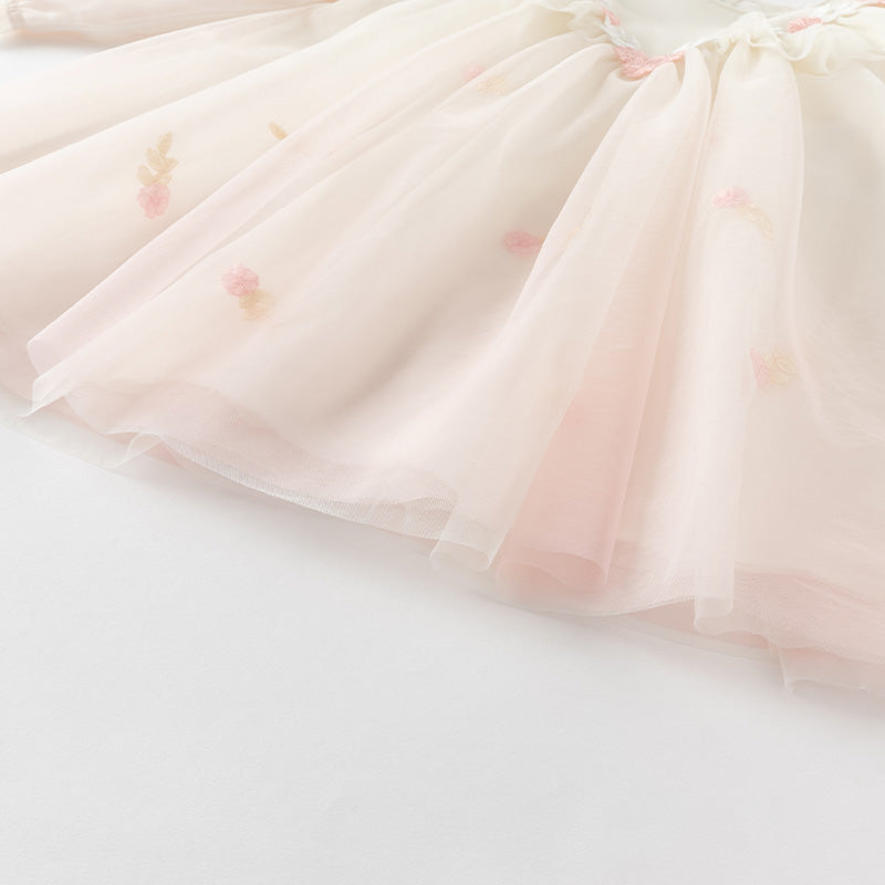 فستان بنات بأكمام طويلة من التول وردي صدفي بتدرج لوني تصميم أميري