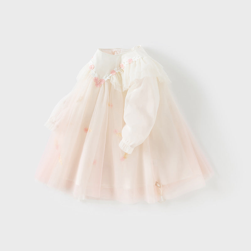 فستان بنات بأكمام طويلة من التول وردي صدفي بتدرج لوني تصميم أميري