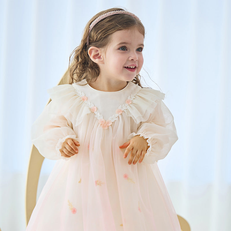 فستان بنات بأكمام طويلة من التول وردي صدفي بتدرج لوني تصميم أميري