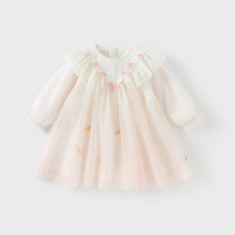 فستان بنات بأكمام طويلة من التول وردي صدفي بتدرج لوني تصميم أميري