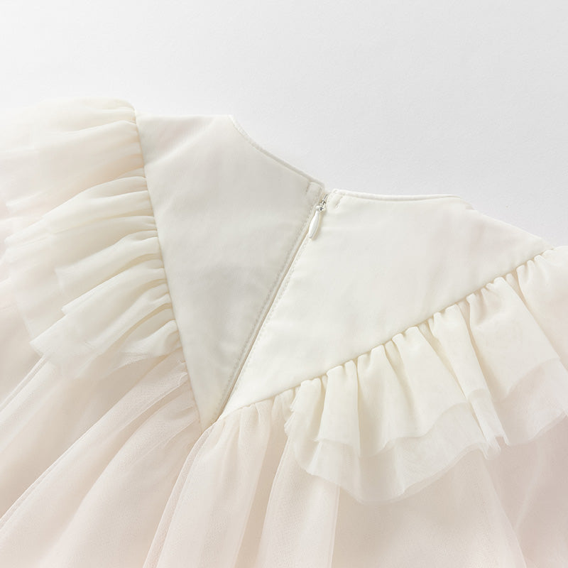 فستان بنات بأكمام طويلة من التول وردي صدفي بتدرج لوني تصميم أميري