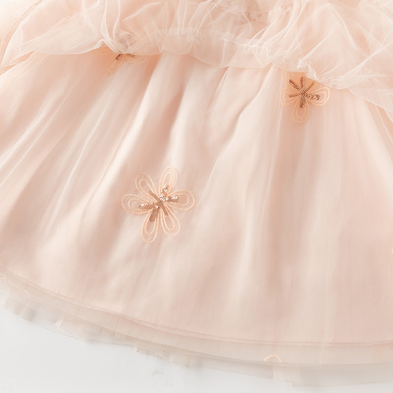 فستان بنات بأكمام طويلة من التول وردي خوخي تصميم أميري مزين بفراشات ثلاثية الأبعاد