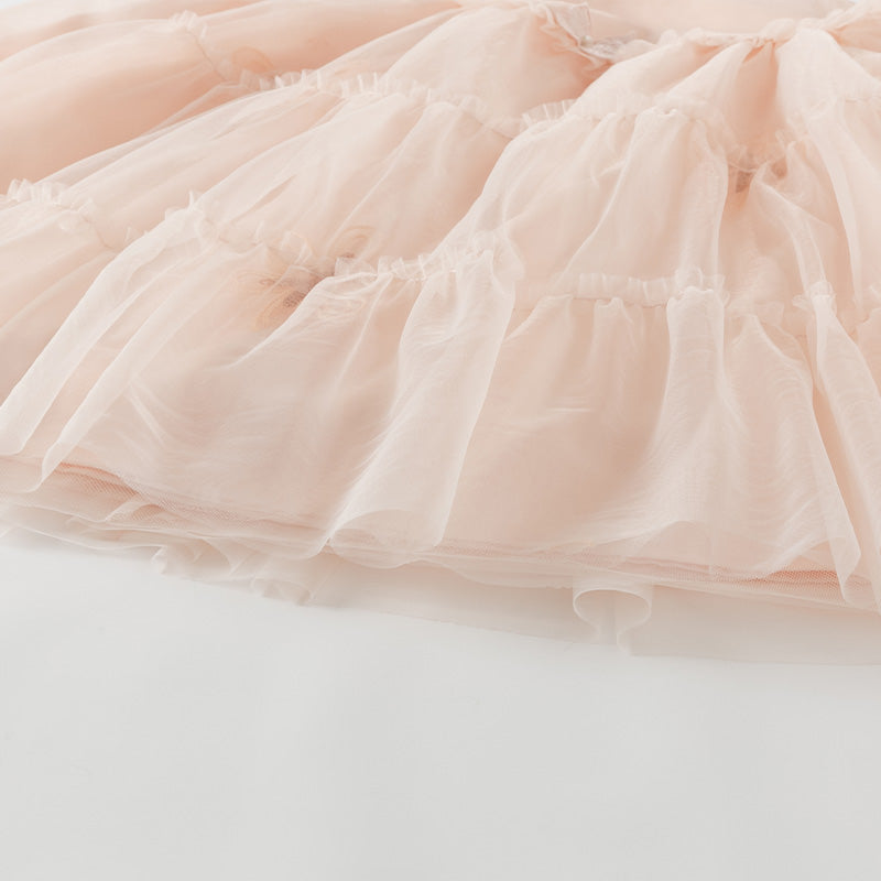 فستان بنات بأكمام طويلة من التول وردي خوخي تصميم أميري مزين بفراشات ثلاثية الأبعاد