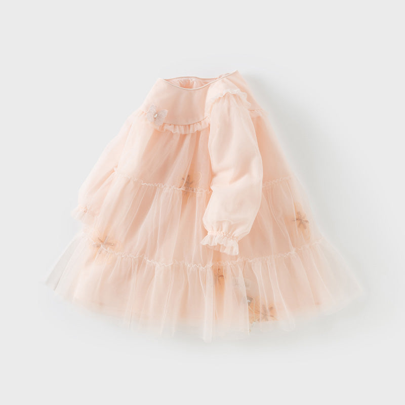 فستان بنات بأكمام طويلة من التول وردي خوخي تصميم أميري مزين بفراشات ثلاثية الأبعاد