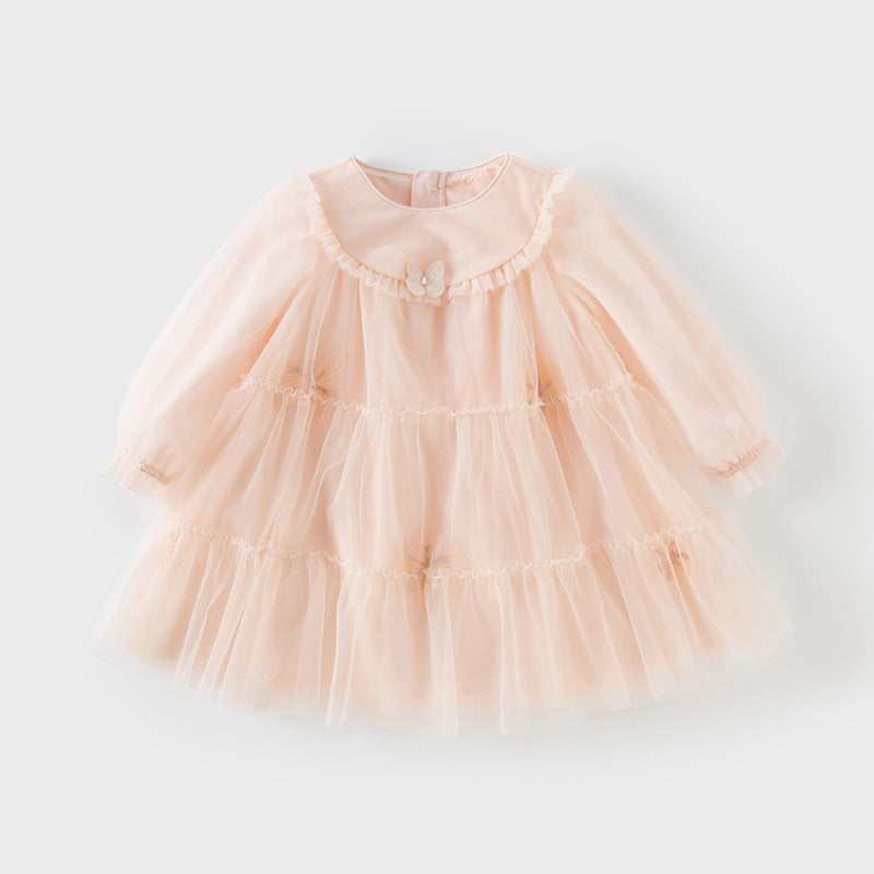 فستان بنات بأكمام طويلة من التول وردي خوخي تصميم أميري مزين بفراشات ثلاثية الأبعاد