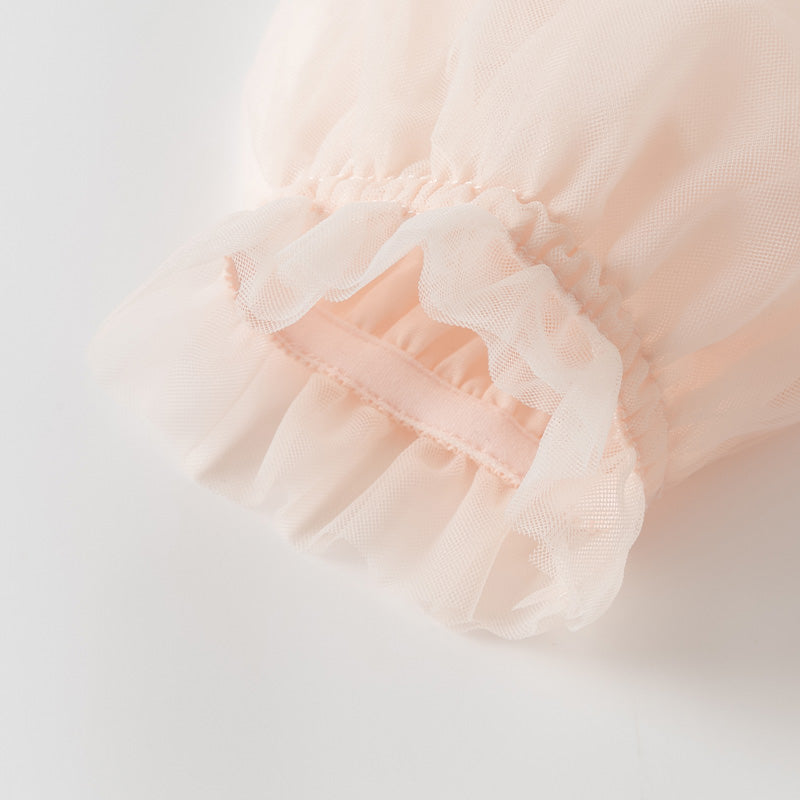 فستان بنات بأكمام طويلة من التول وردي خوخي تصميم أميري مزين بفراشات ثلاثية الأبعاد