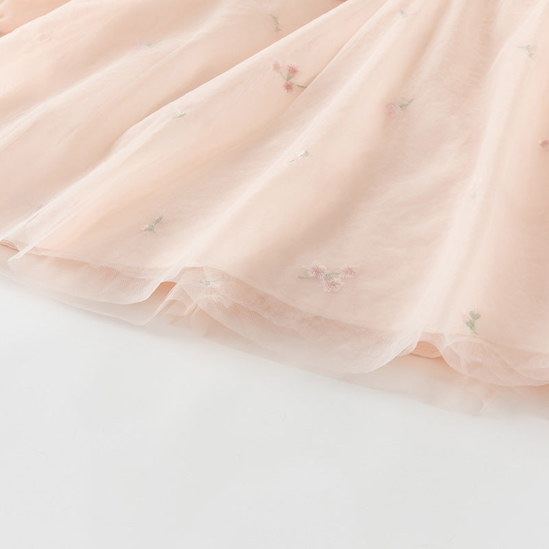 فستان بنات طويل الأكمام من التول باللون الوردي الخوخي بأسلوب صيني عصري (يشمل حقيبة كروس)