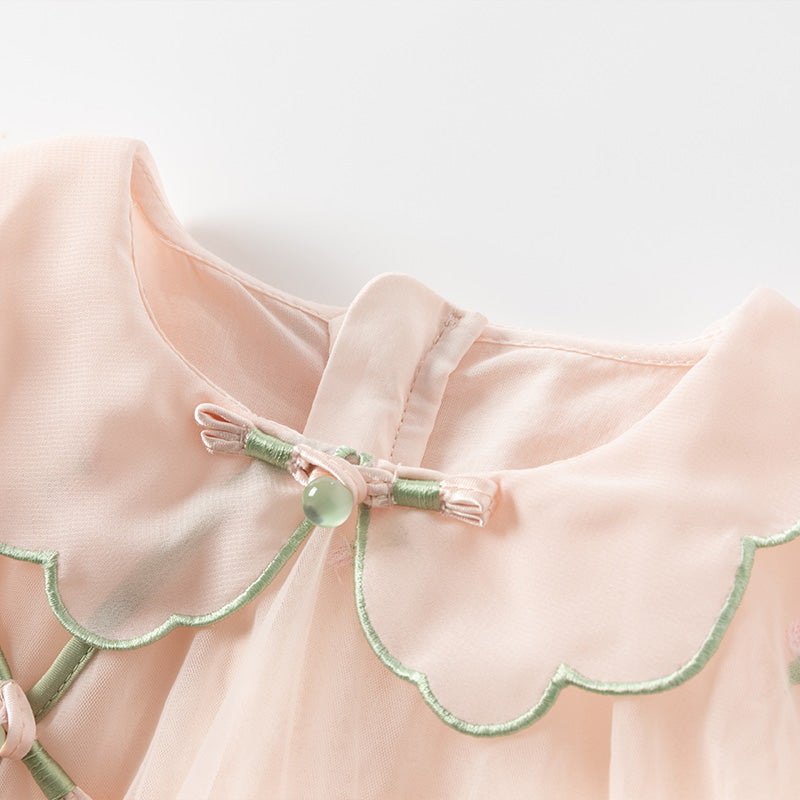 فستان بنات طويل الأكمام من التول باللون الوردي الخوخي بأسلوب صيني عصري (يشمل حقيبة كروس)