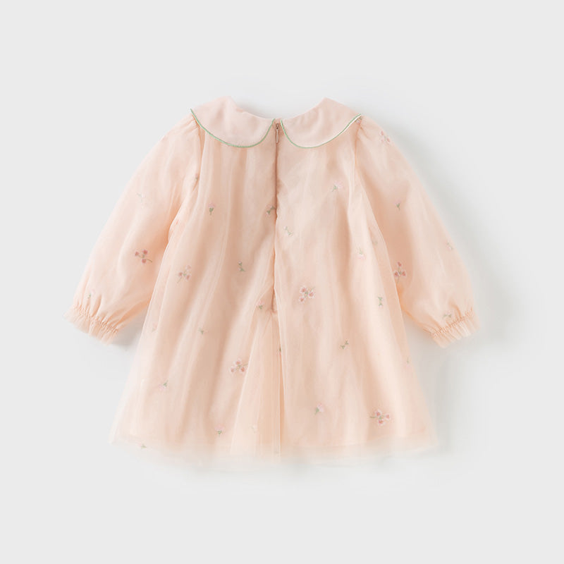 فستان بنات طويل الأكمام من التول باللون الوردي الخوخي بأسلوب صيني عصري (يشمل حقيبة كروس)