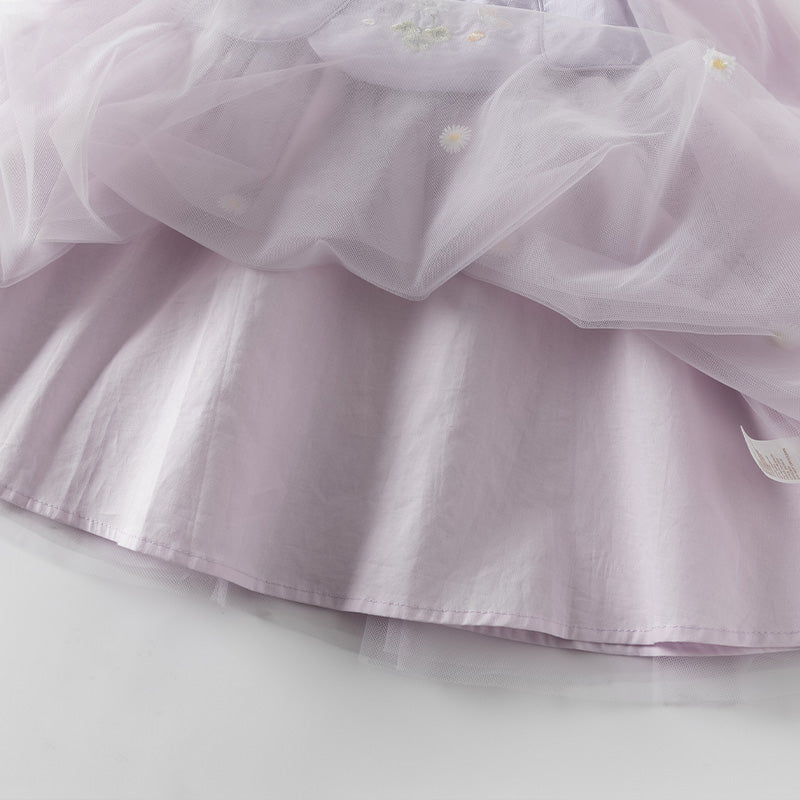 فستان بنات طويل الأكمام من التول باللون البنفسجي الغباري بأسلوب صيني عصري