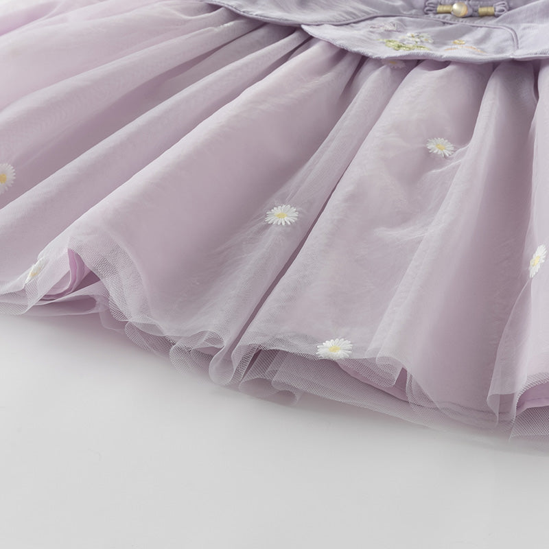 فستان بنات طويل الأكمام من التول باللون البنفسجي الغباري بأسلوب صيني عصري