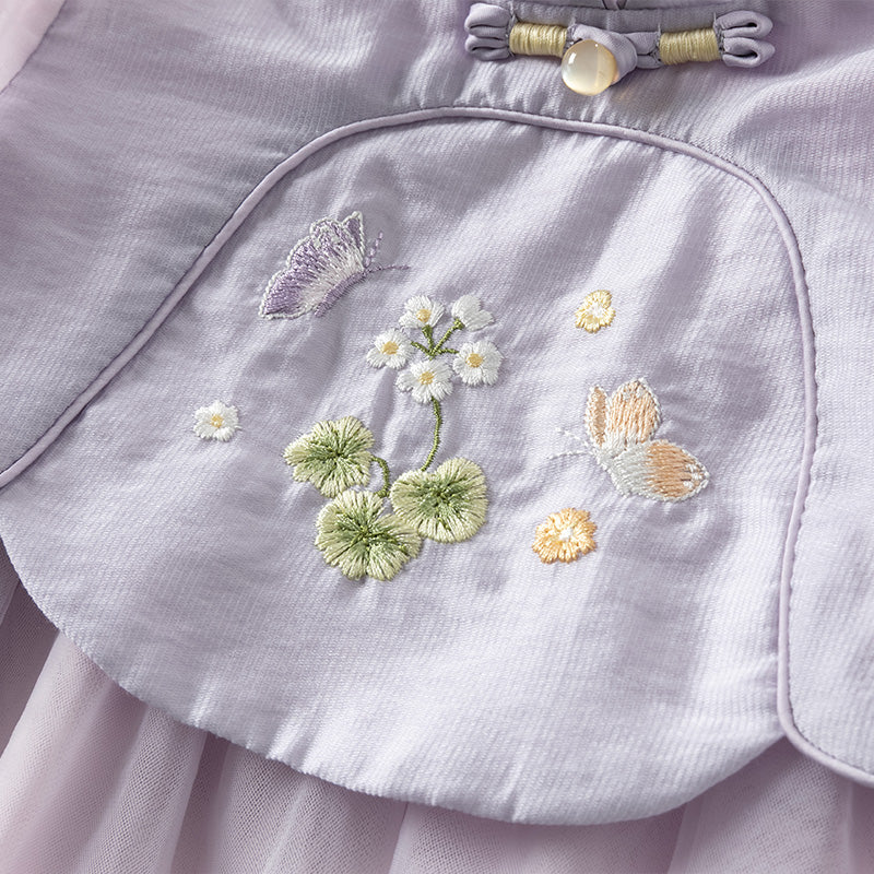 فستان بنات طويل الأكمام من التول باللون البنفسجي الغباري بأسلوب صيني عصري