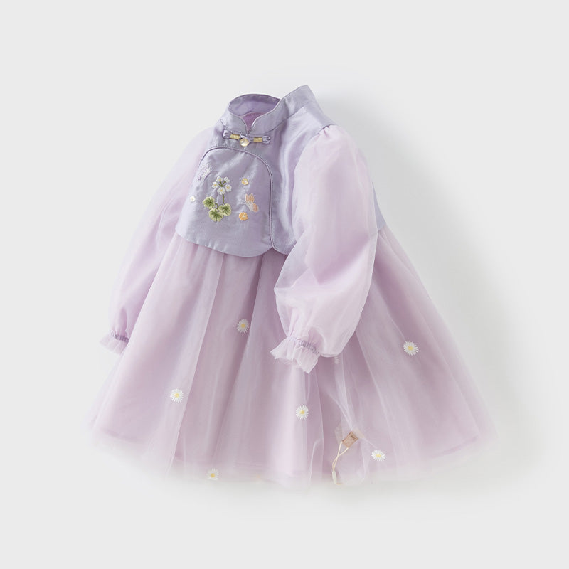 فستان بنات طويل الأكمام من التول باللون البنفسجي الغباري بأسلوب صيني عصري