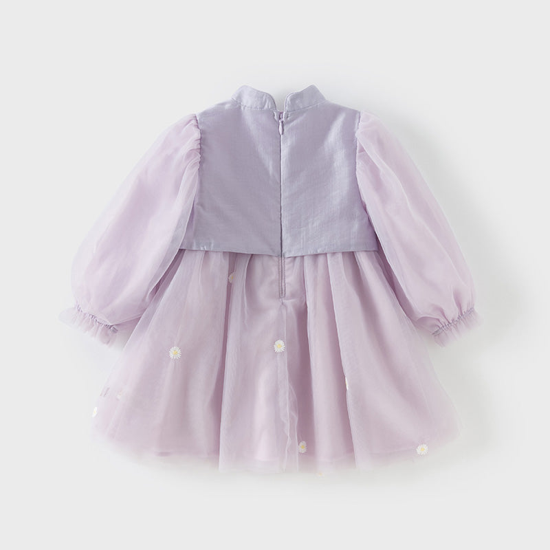 فستان بنات طويل الأكمام من التول باللون البنفسجي الغباري بأسلوب صيني عصري