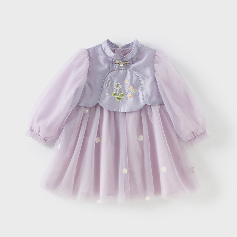 فستان بنات طويل الأكمام من التول باللون البنفسجي الغباري بأسلوب صيني عصري