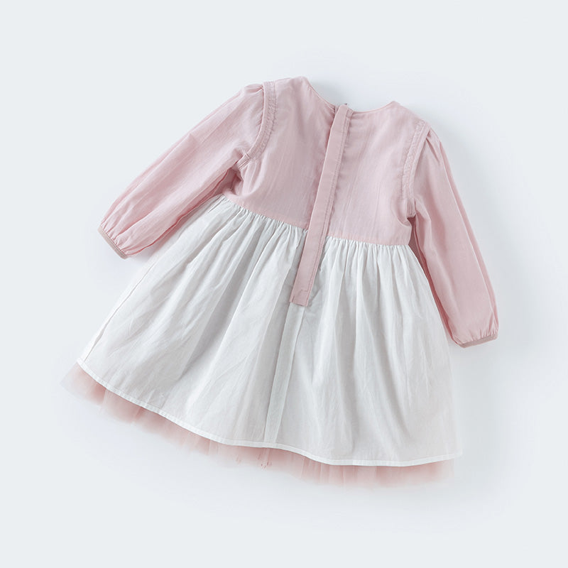 فستان للبنات الصغيرات بأكمام طويلة من التول الوردي بتصميم أنيق مزين بتطريز دانتيل وزهور ثلاثية الأبعاد